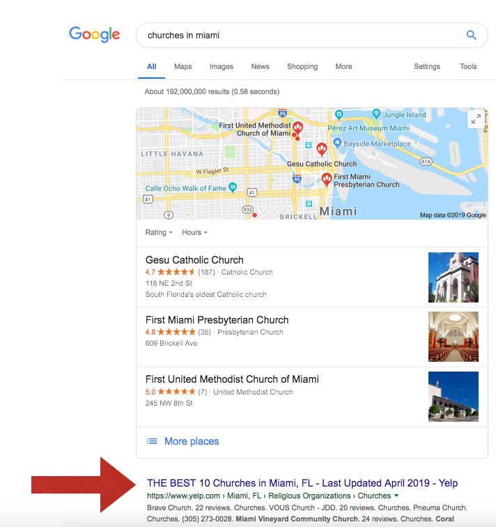organic google listing for churches in miami