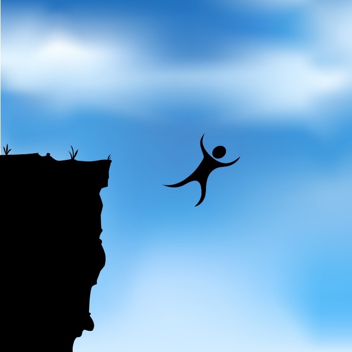 cartoon man jumping off a cliff