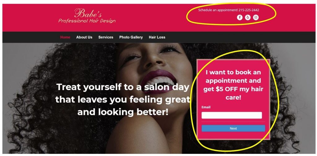 contact form example on salon website