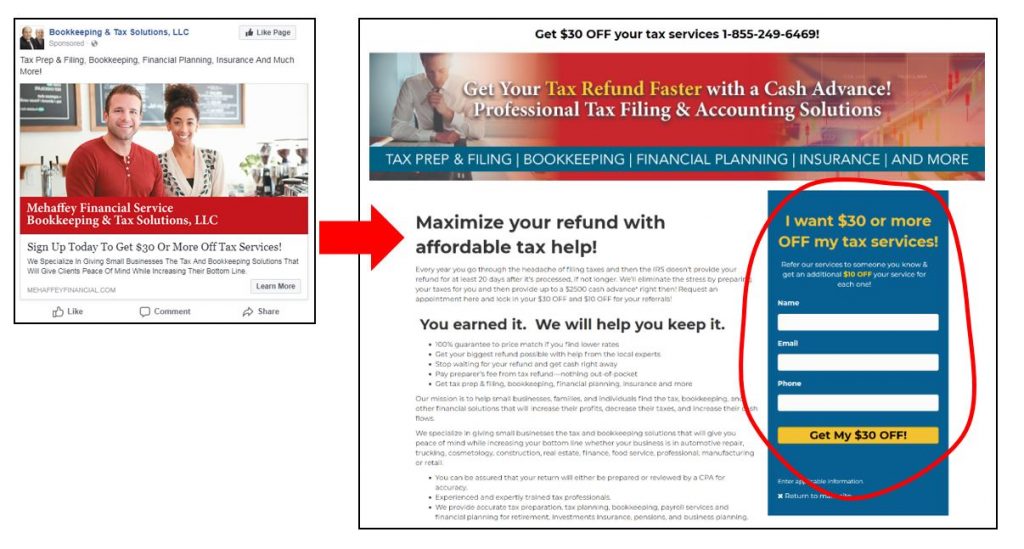facebook ad and its corresponding landing page