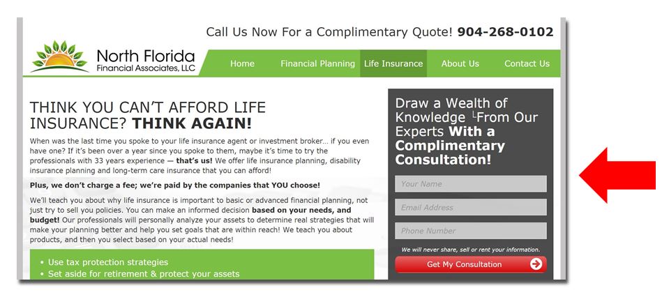 lead capture form on financial services website