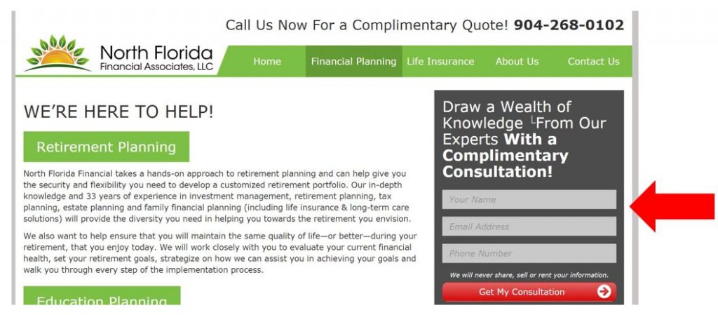 lead capture form on financial website