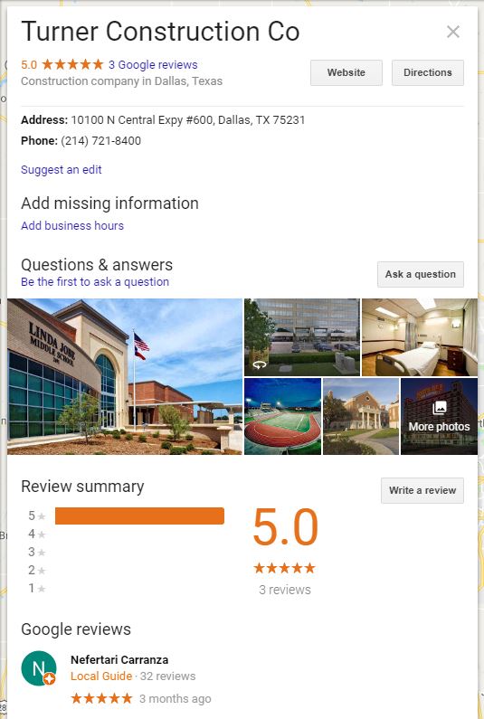 google listing for construction company