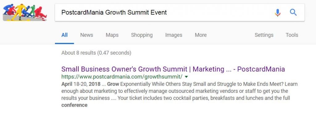 Google search results for PostcardMania Growth Summit Event
