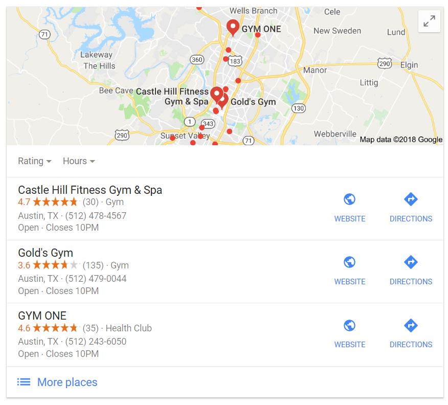 google maps results for gyms in austin