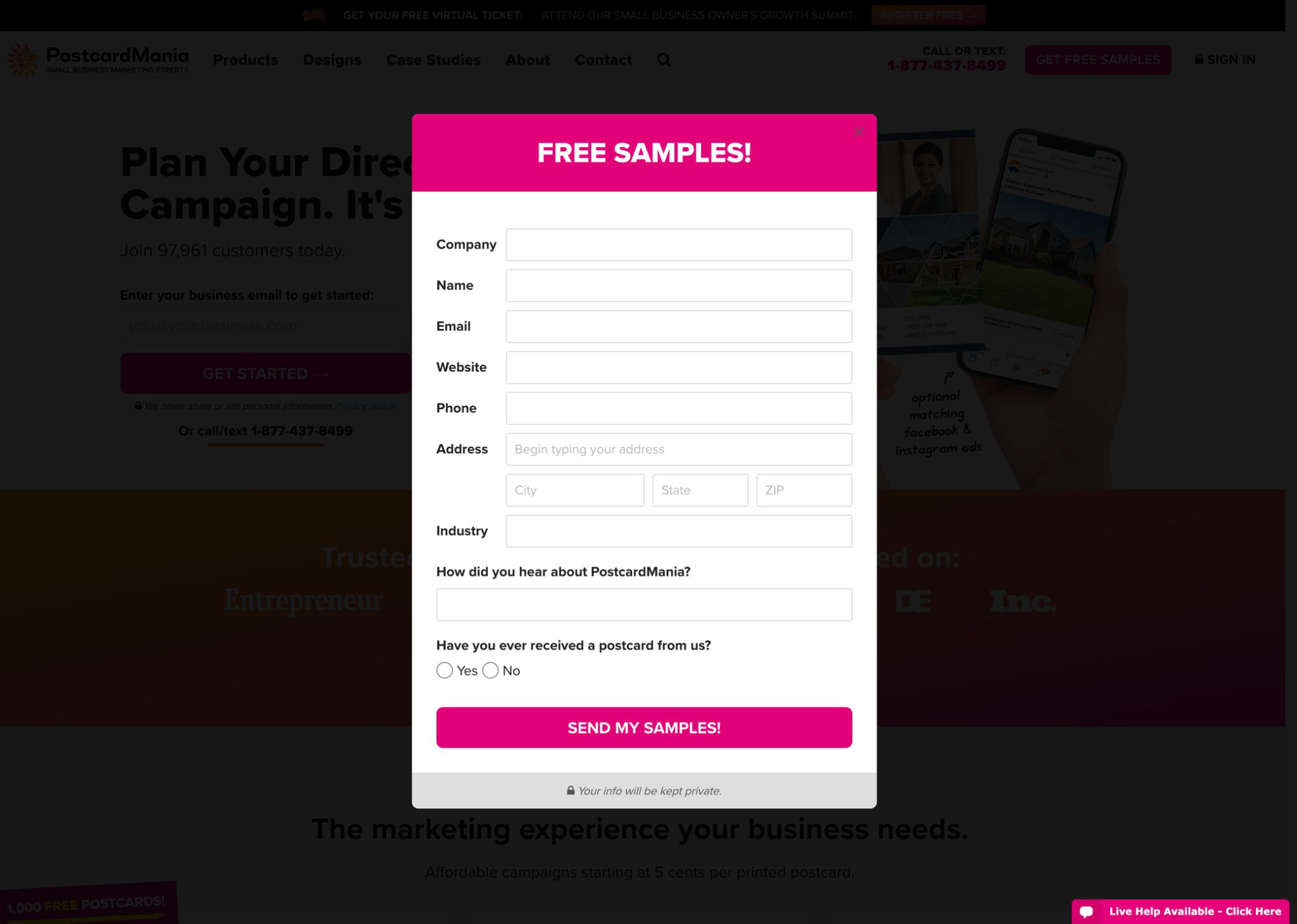 lead capture form on postcardmania website