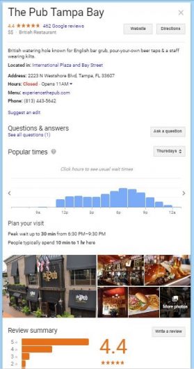 google listing for the pub tampa bay