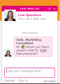 live chat box on postcardmania website
