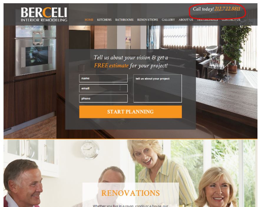 phone number in upper right corner of home remodeling website