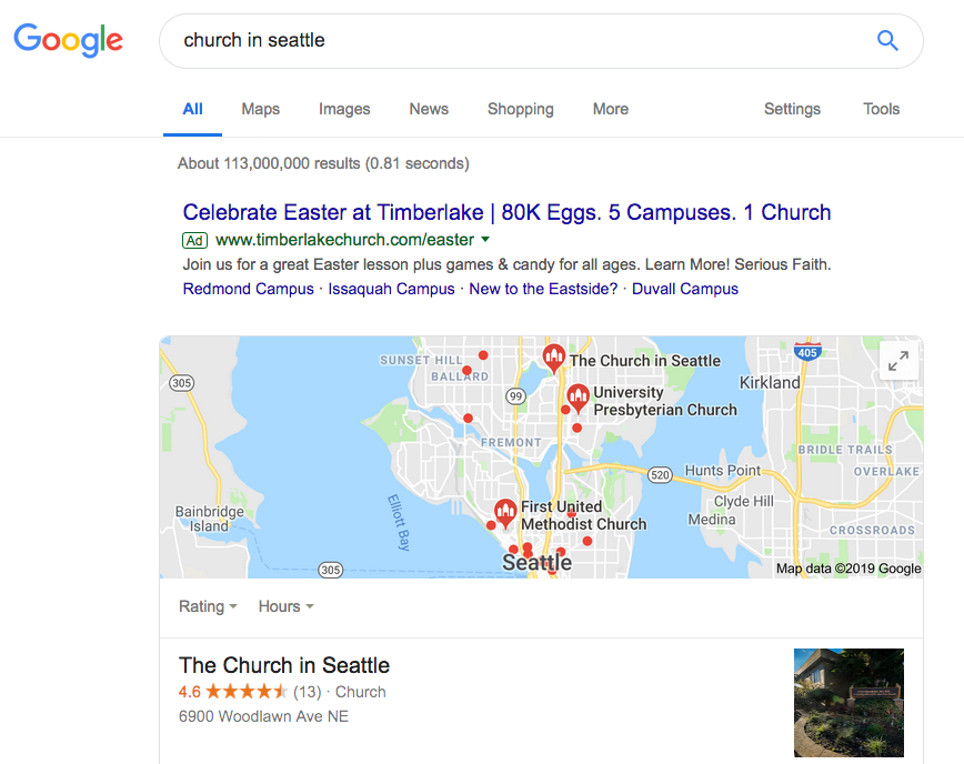 Google PPC example for a church