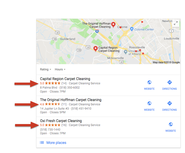 google star ratings in search results for carpet cleaners