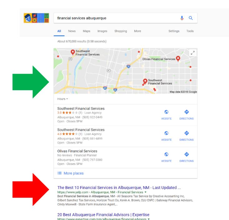 google maps results showing up first in google results