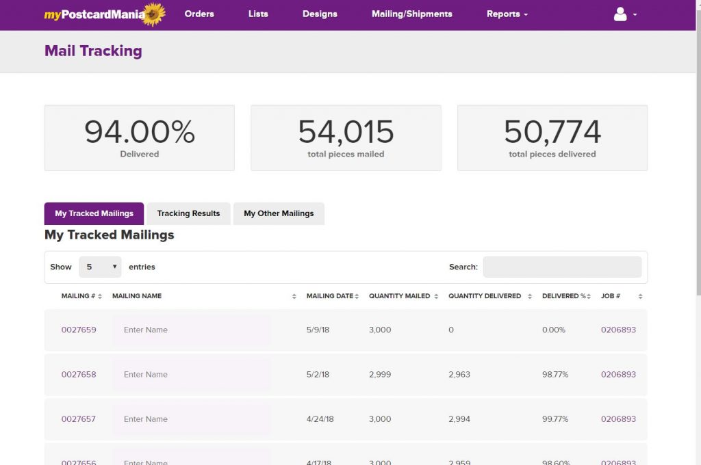 postcardmania mail tracking results