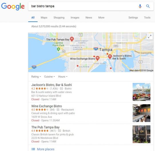 google search results with maps results on top