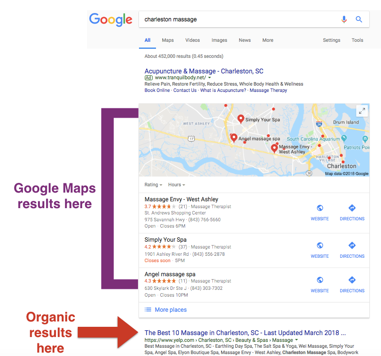 search results with google maps results first