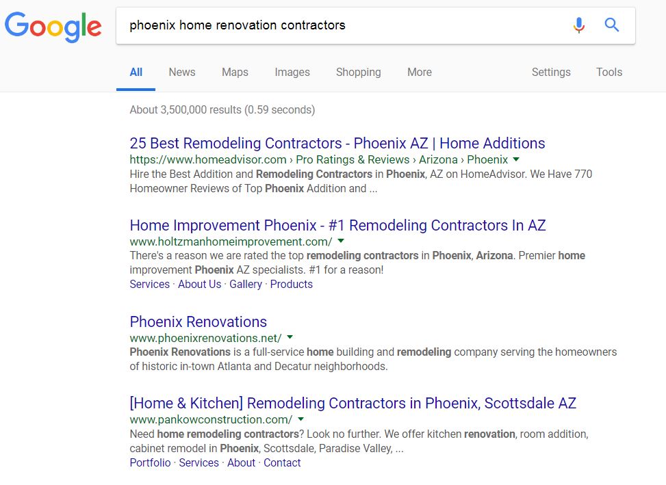 google search results for phoenix home renovation contractors