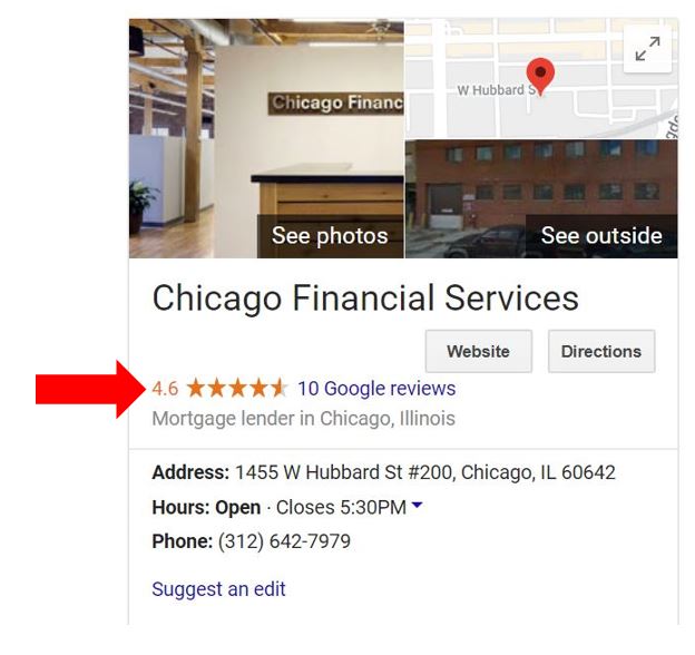 google listing for financial service company with 4.6 stars