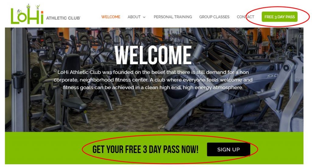 lohi athletic club website with marketing elements circled