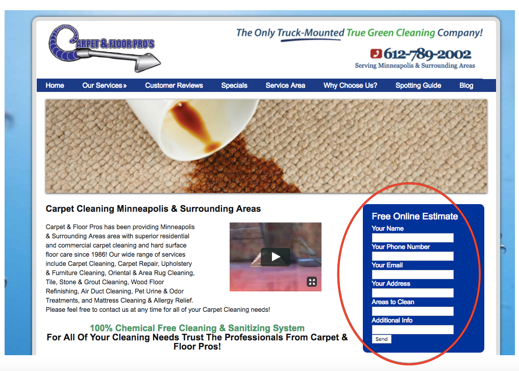 lead capture form on carpet cleaning website
