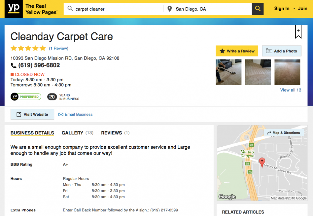 carpet cleaner listing on yellow pages